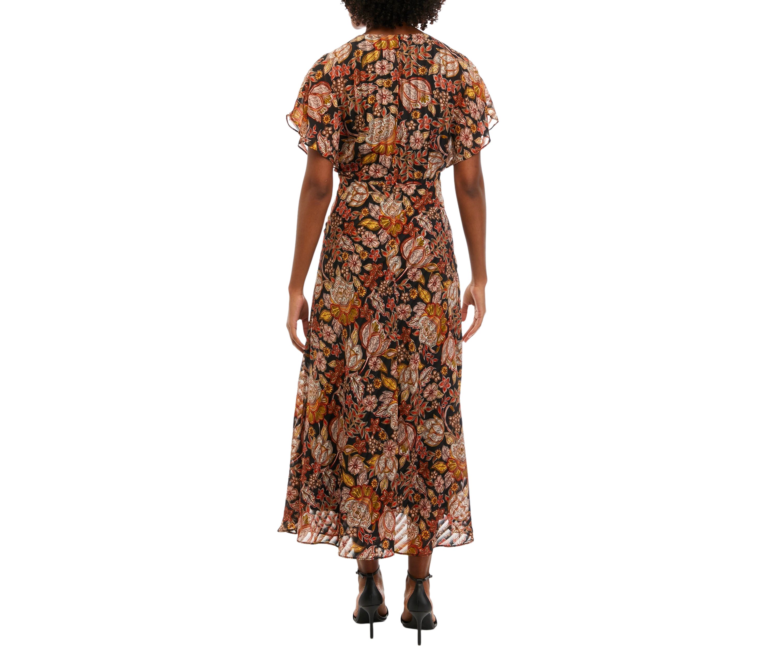 Womens Short Sleeve V-Neck Floral Print Midi Dress