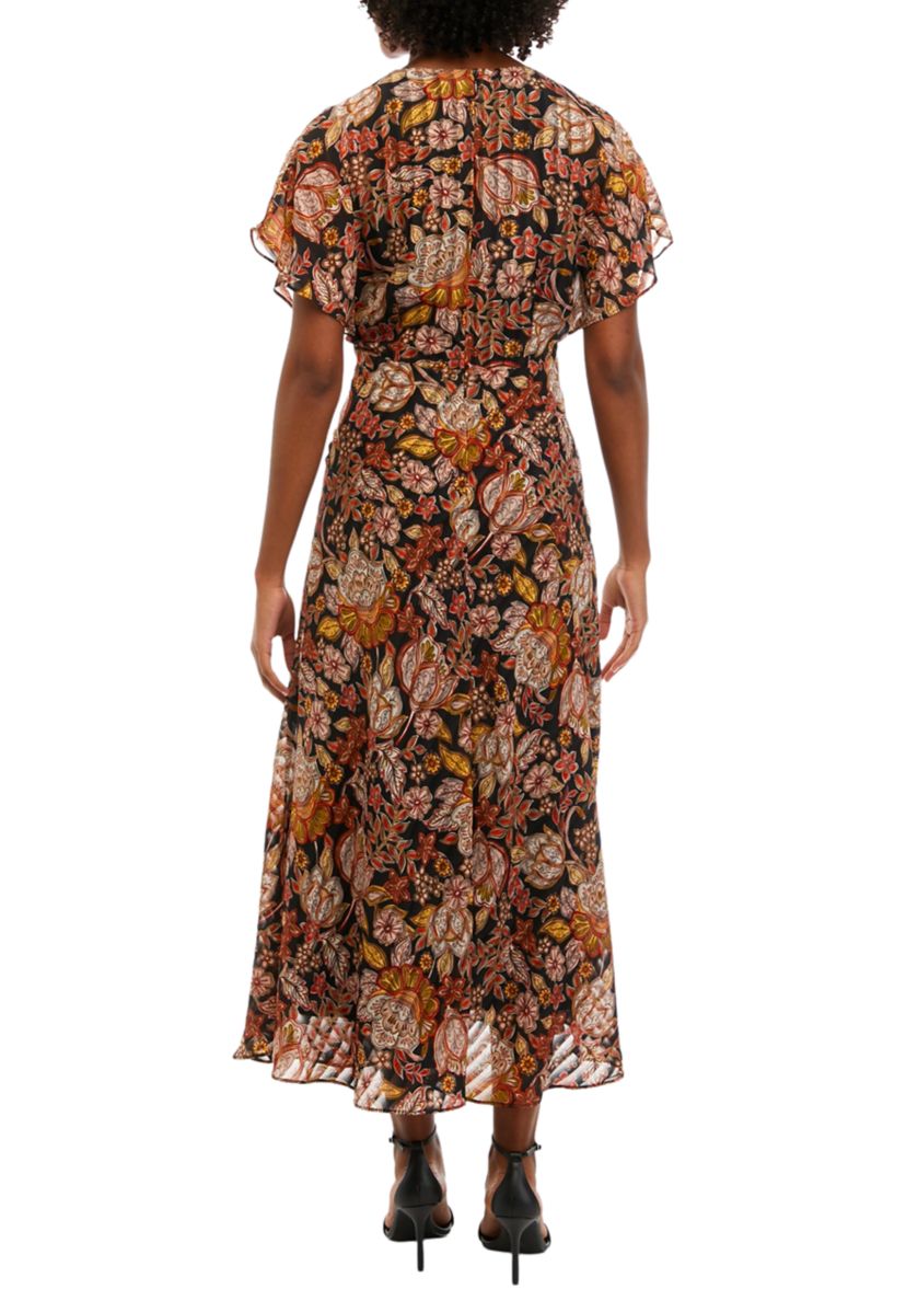 Womens Short Sleeve V-Neck Floral Print Midi Dress