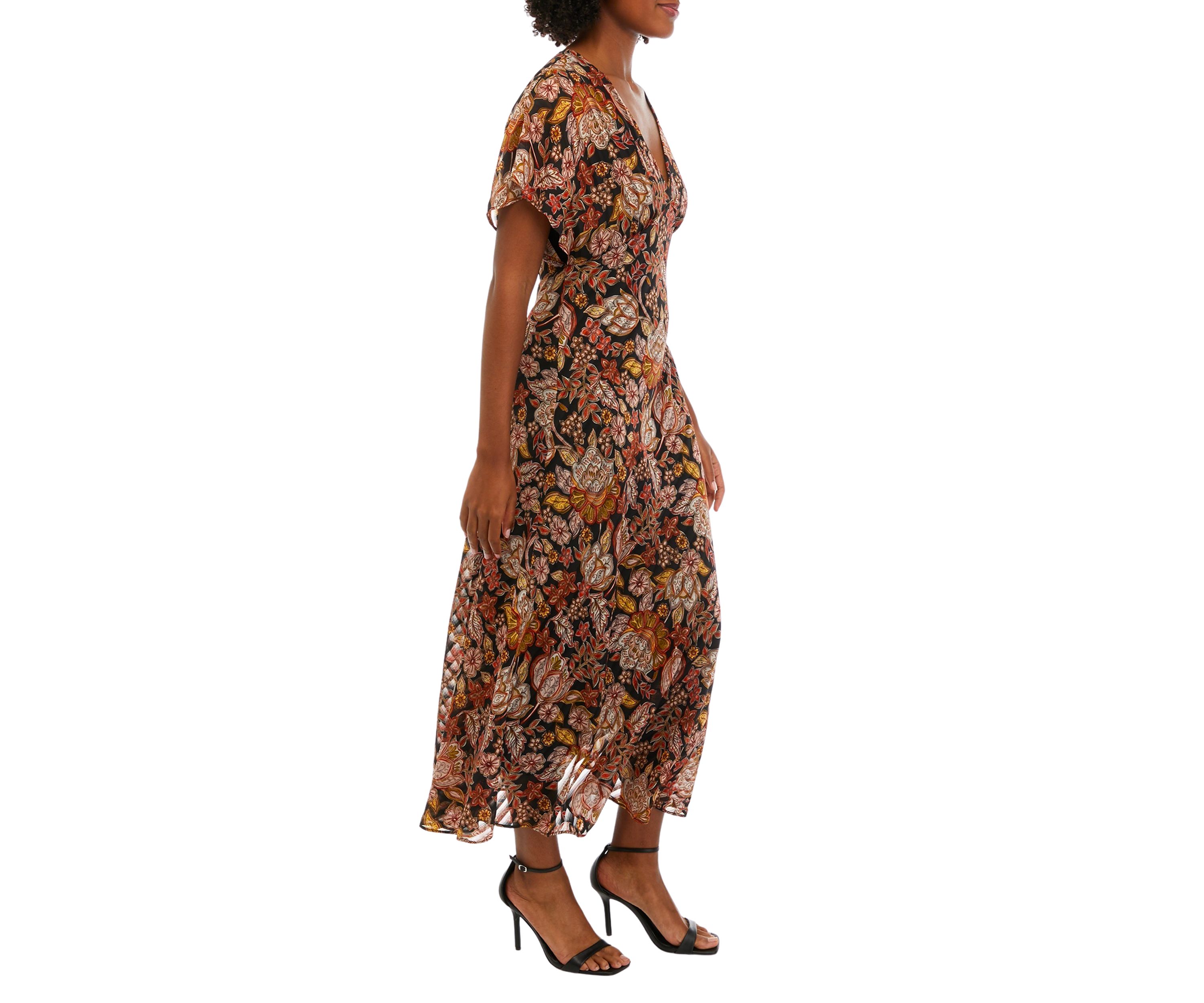 Womens Short Sleeve V-Neck Floral Print Midi Dress