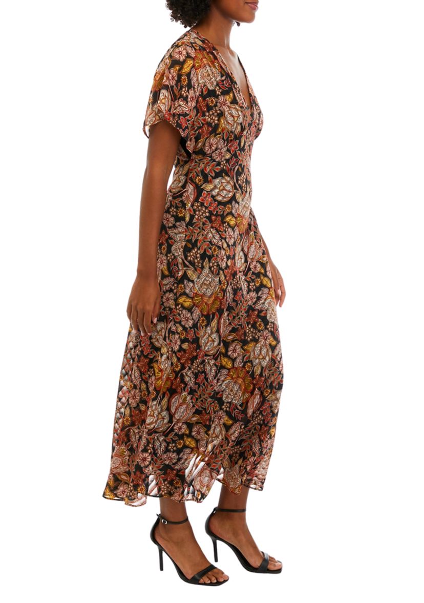 Womens Short Sleeve V-Neck Floral Print Midi Dress