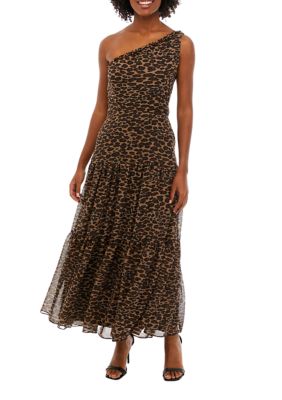 Women's One Shoulder Sleeveless Animal Print Midi Dress