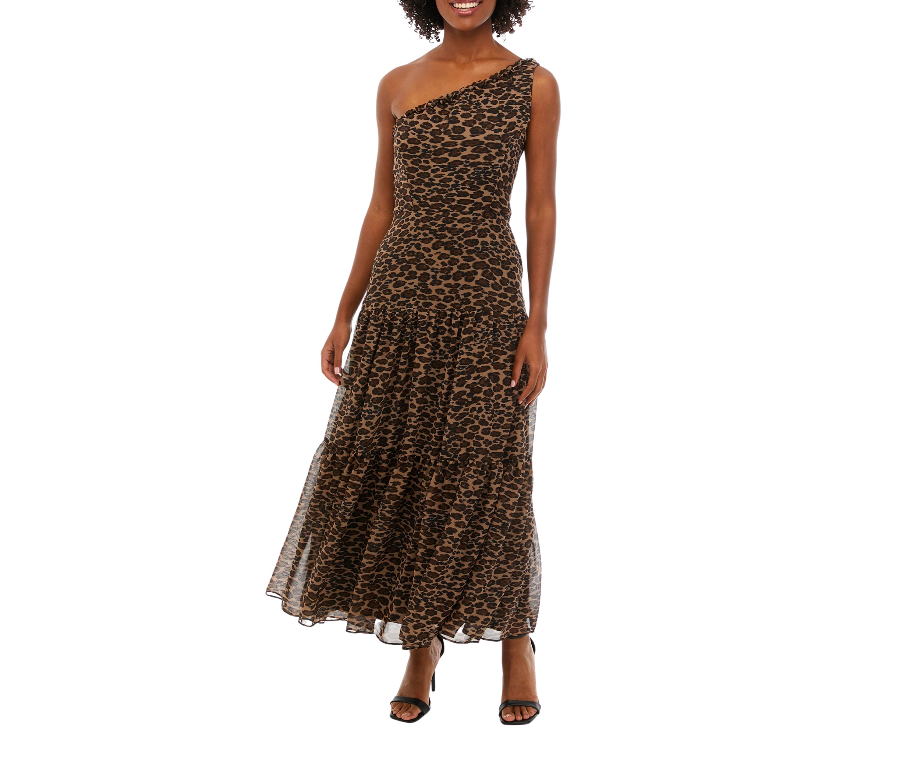 Womens One Shoulder Sleeveless Animal Print Midi Dress