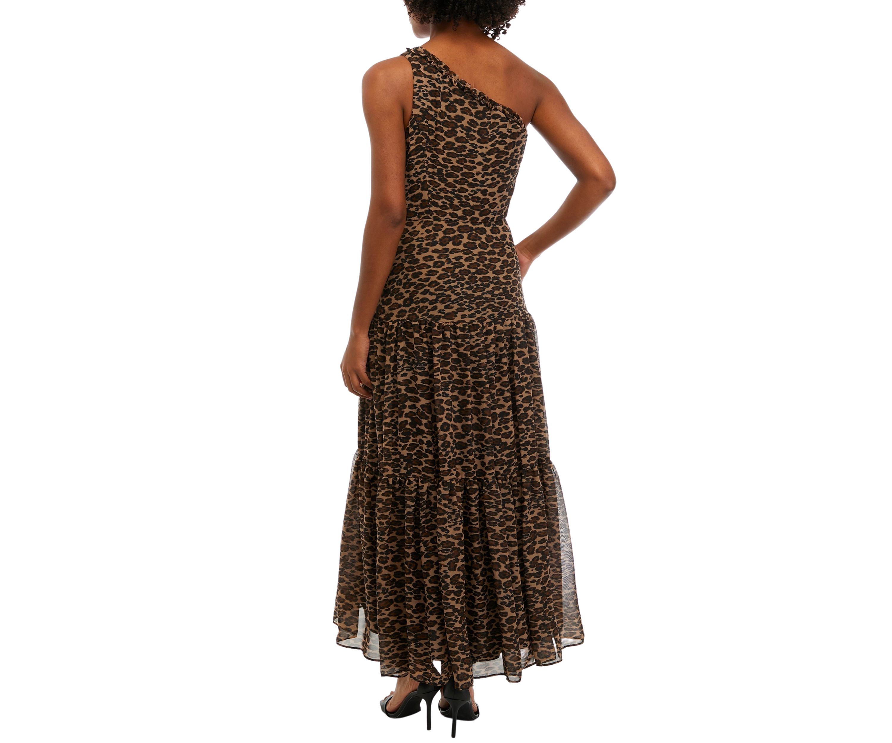 Womens One Shoulder Sleeveless Animal Print Midi Dress