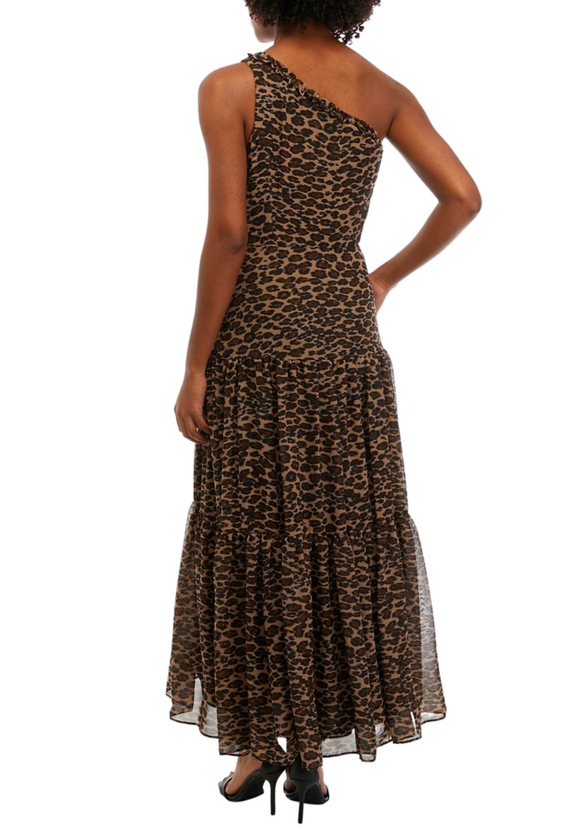 Womens One Shoulder Sleeveless Animal Print Midi Dress
