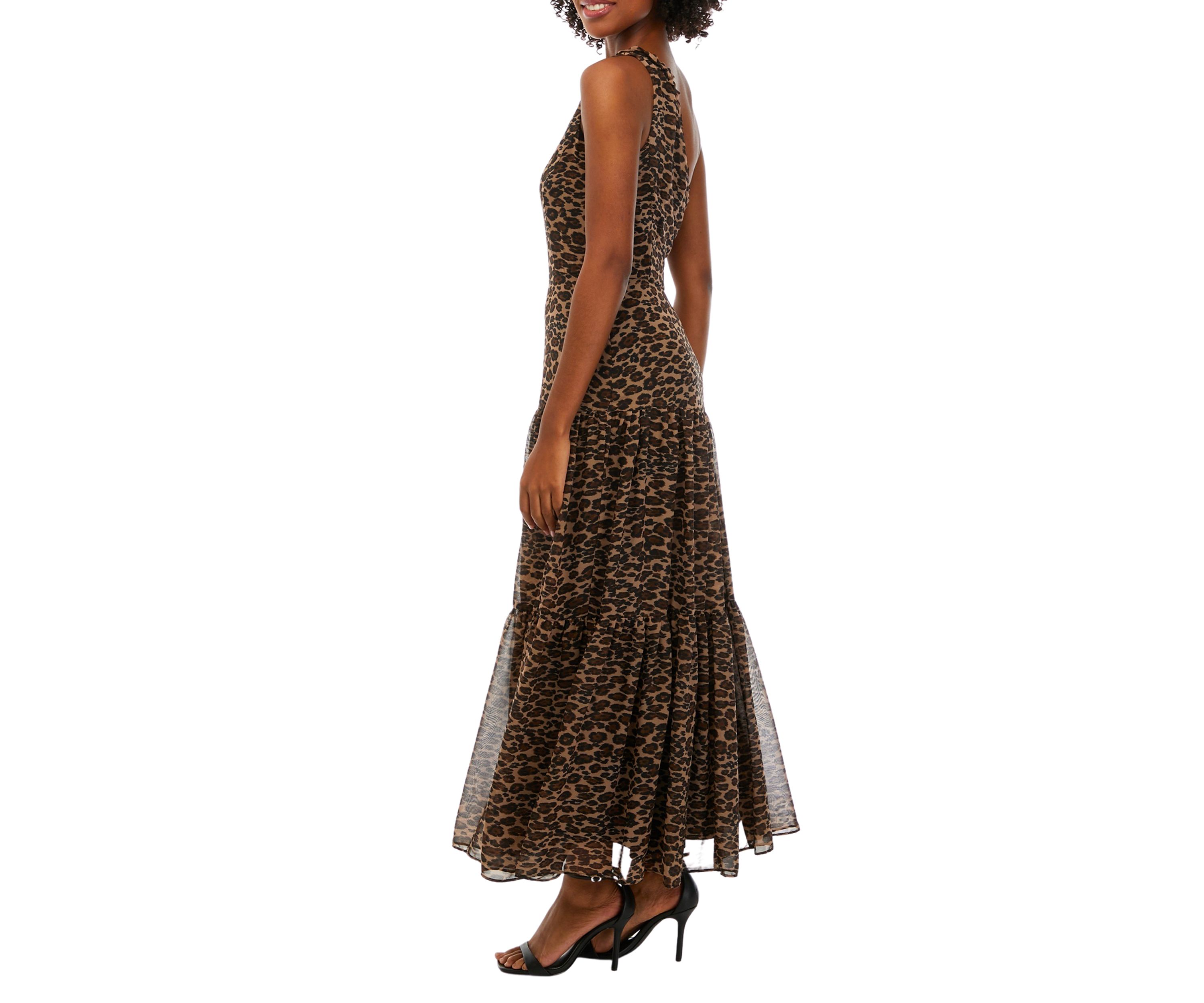 Womens One Shoulder Sleeveless Animal Print Midi Dress