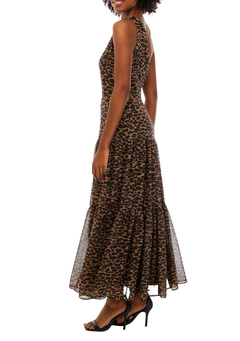 Womens One Shoulder Sleeveless Animal Print Midi Dress