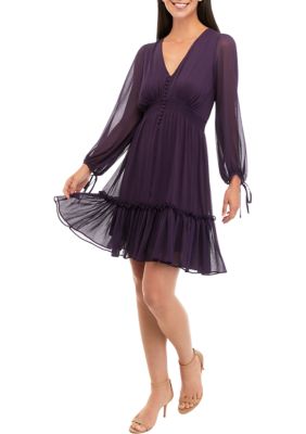 Women's Long Sleeve V-Neck Solid Mesh Button Front Dress