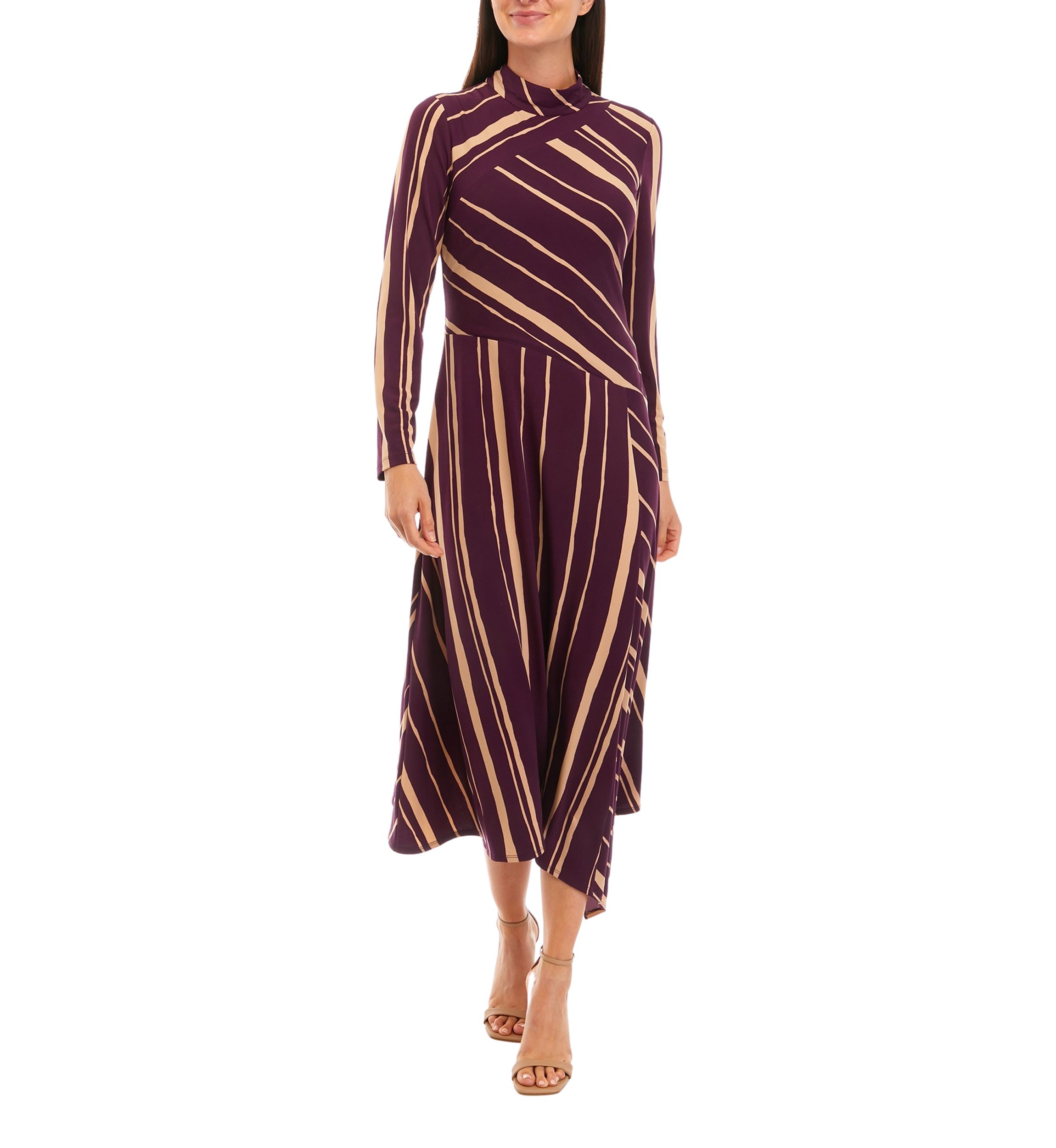 Womens Long Sleeve Mock Neck Striped Fit and Flare Dress