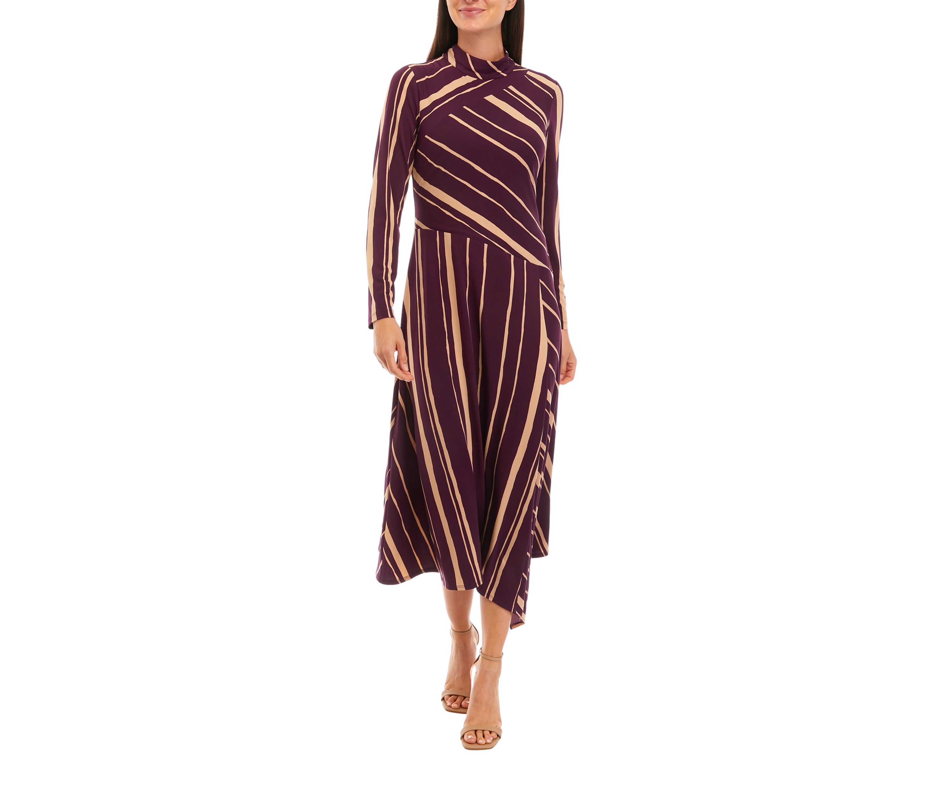 Womens Long Sleeve Mock Neck Striped Fit and Flare Dress