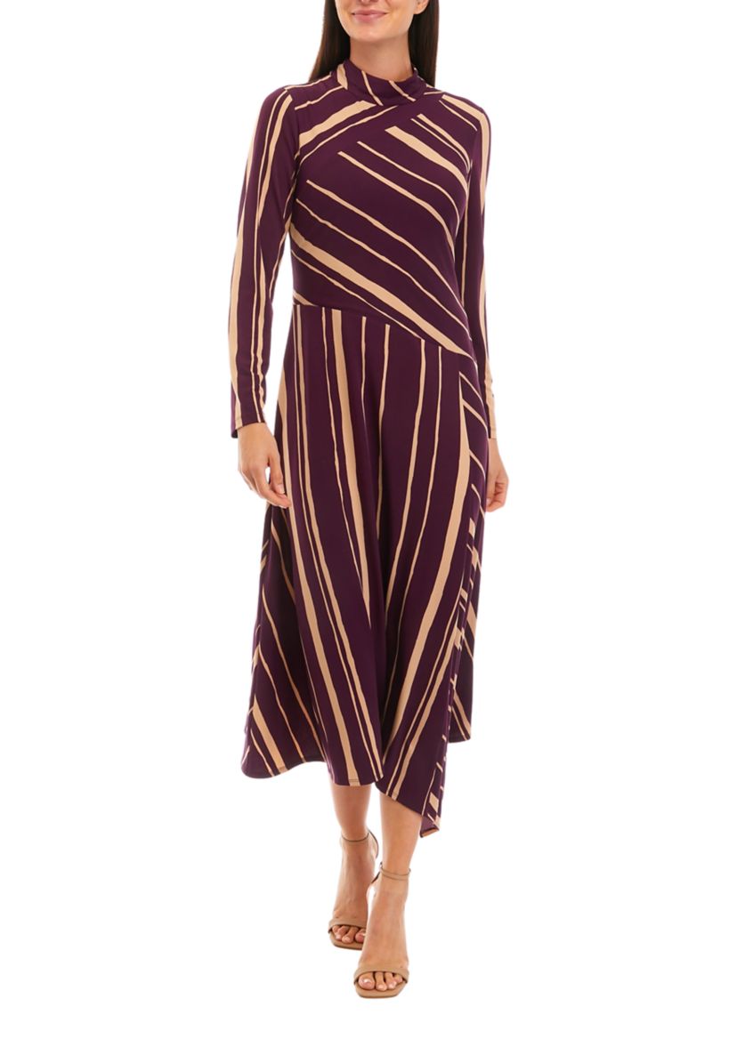 Womens Long Sleeve Mock Neck Striped Fit and Flare Dress
