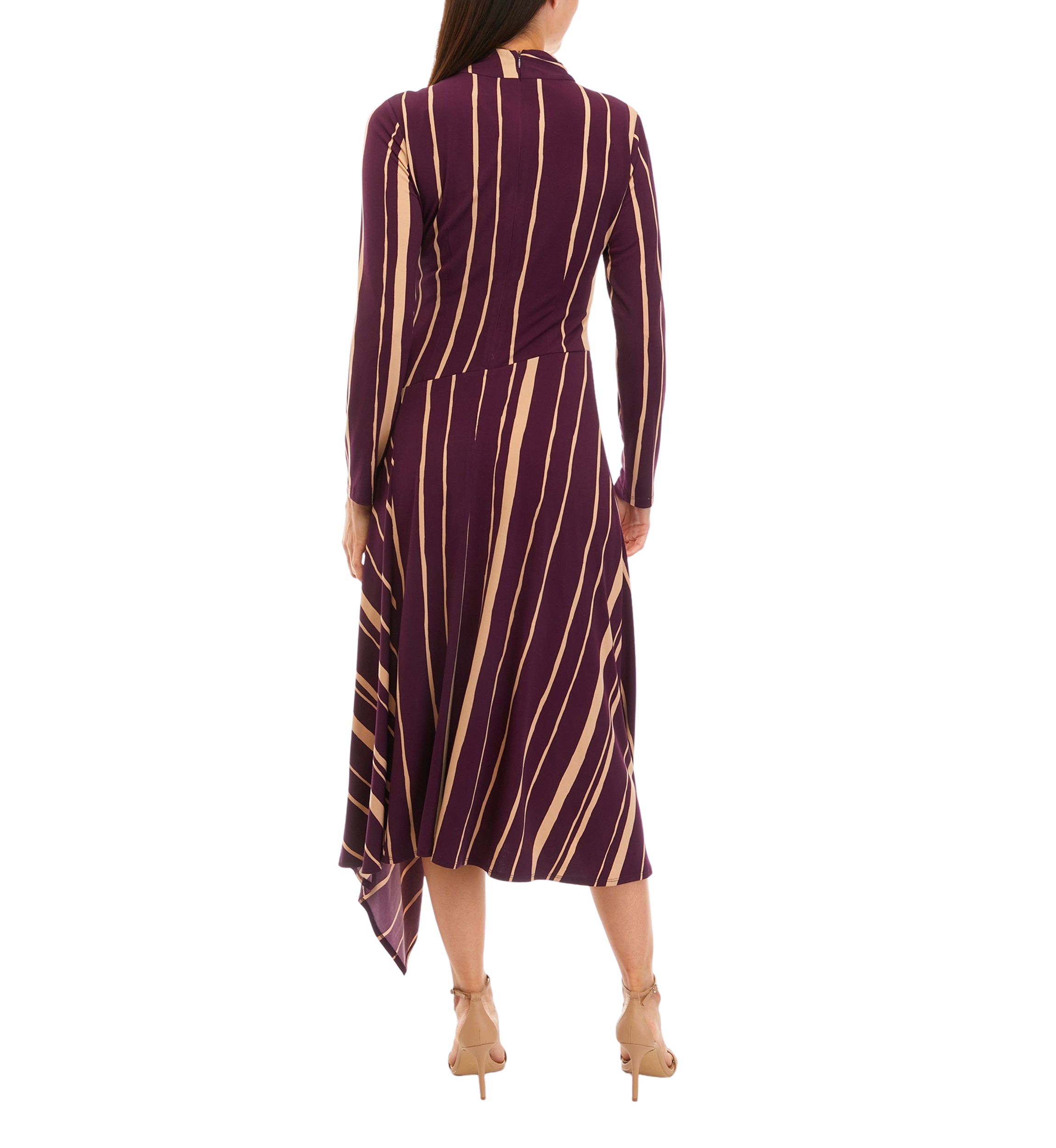 Womens Long Sleeve Mock Neck Striped Fit and Flare Dress