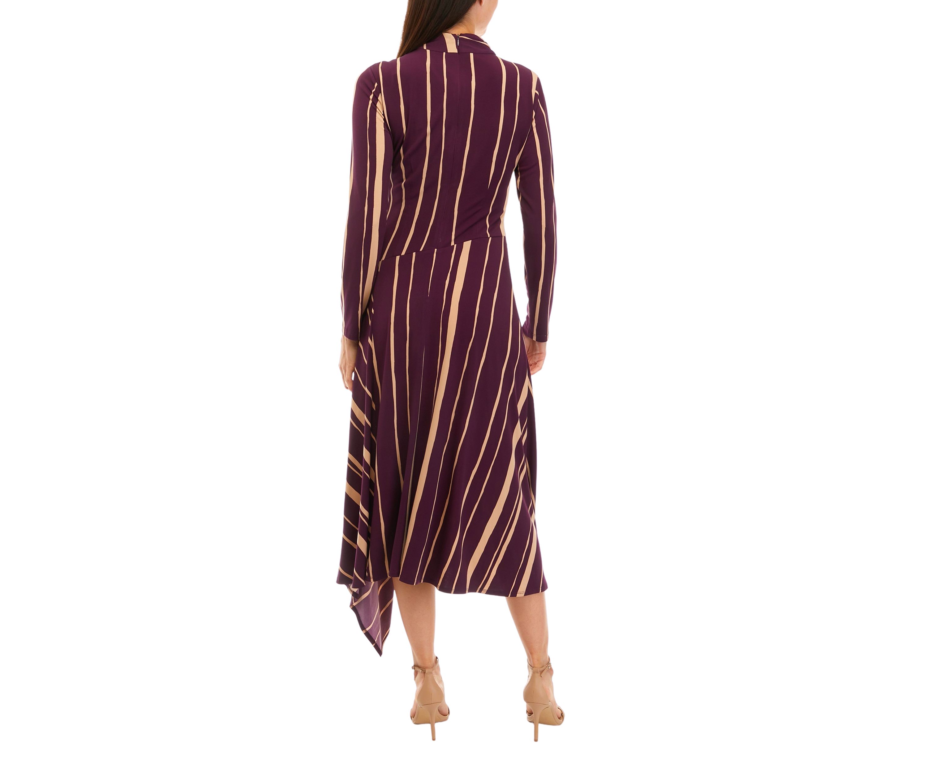 Womens Long Sleeve Mock Neck Striped Fit and Flare Dress