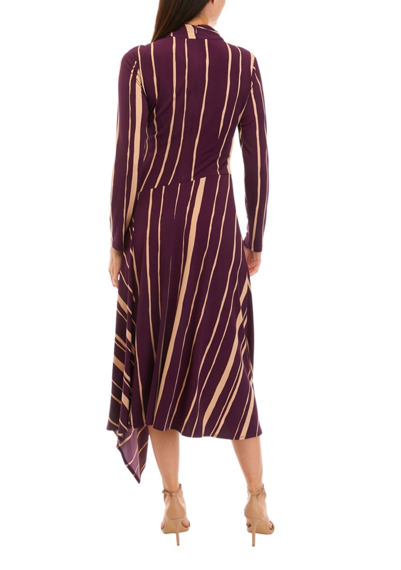 Womens Long Sleeve Mock Neck Striped Fit and Flare Dress