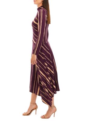 Women's Long Sleeve Mock Neck Striped Fit and Flare Dress
