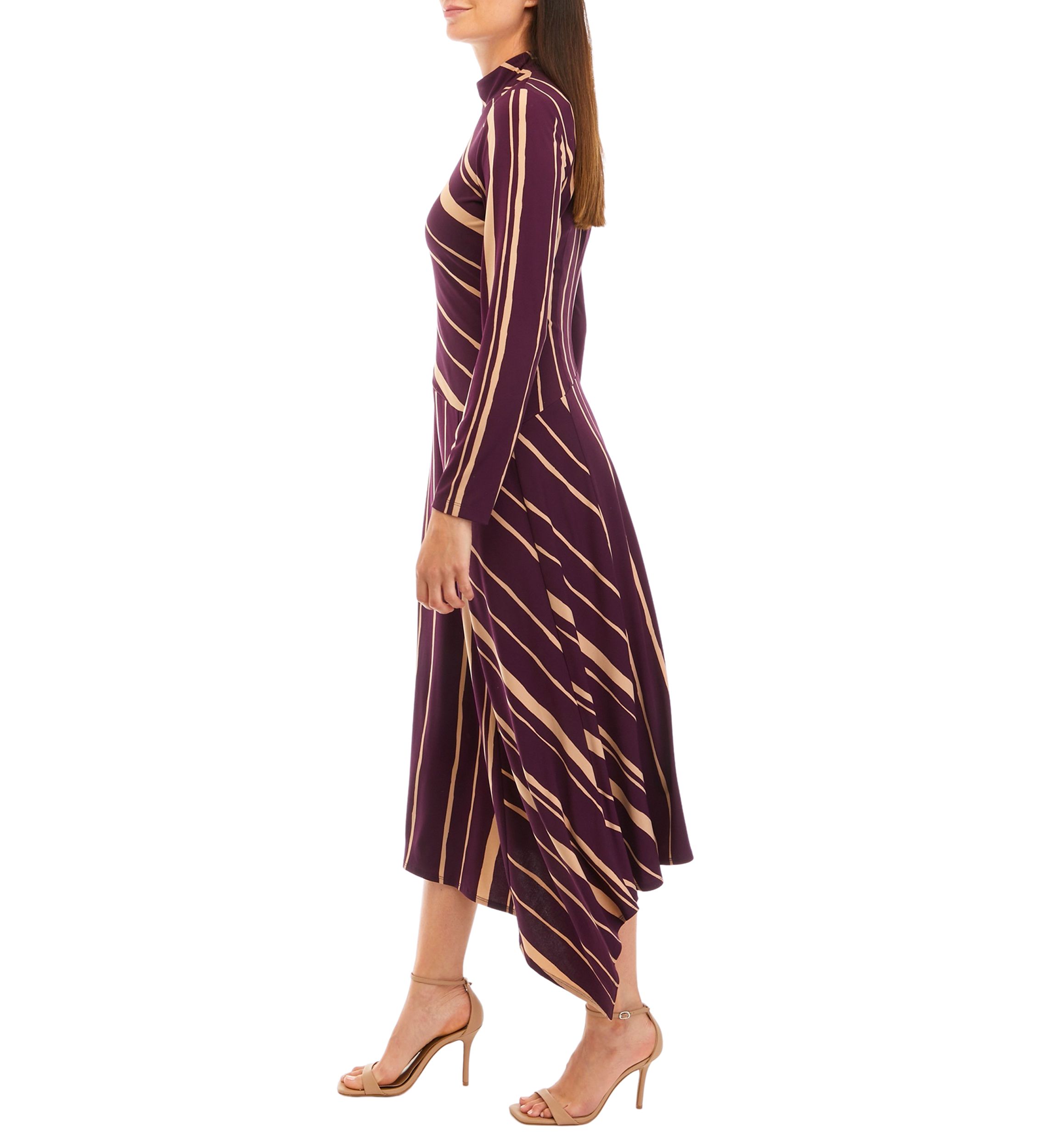 Womens Long Sleeve Mock Neck Striped Fit and Flare Dress