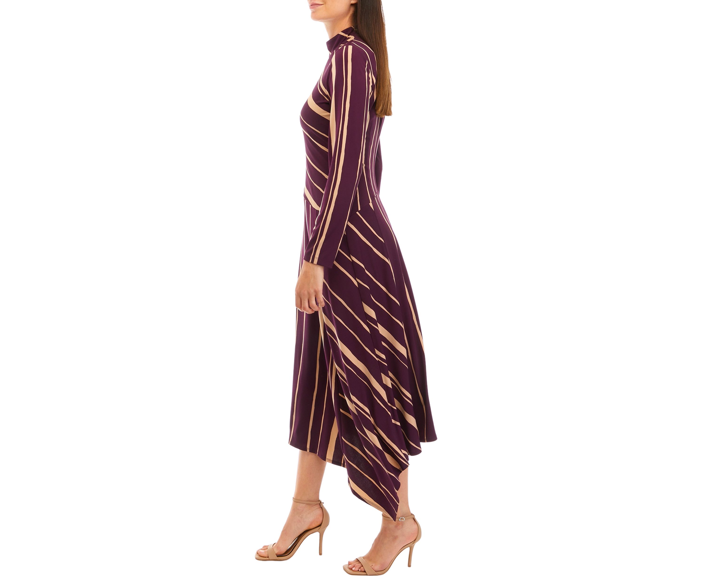 Womens Long Sleeve Mock Neck Striped Fit and Flare Dress