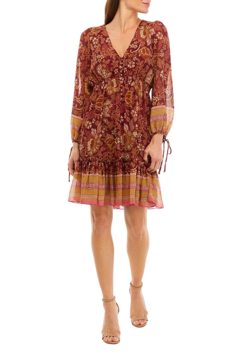 Womens Long Sleeve V-Neck Floral Print Mesh Ruffle Hem Dress