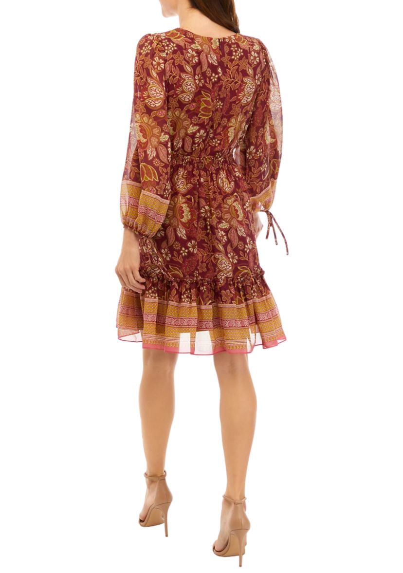 Womens Long Sleeve V-Neck Floral Print Mesh Ruffle Hem Dress