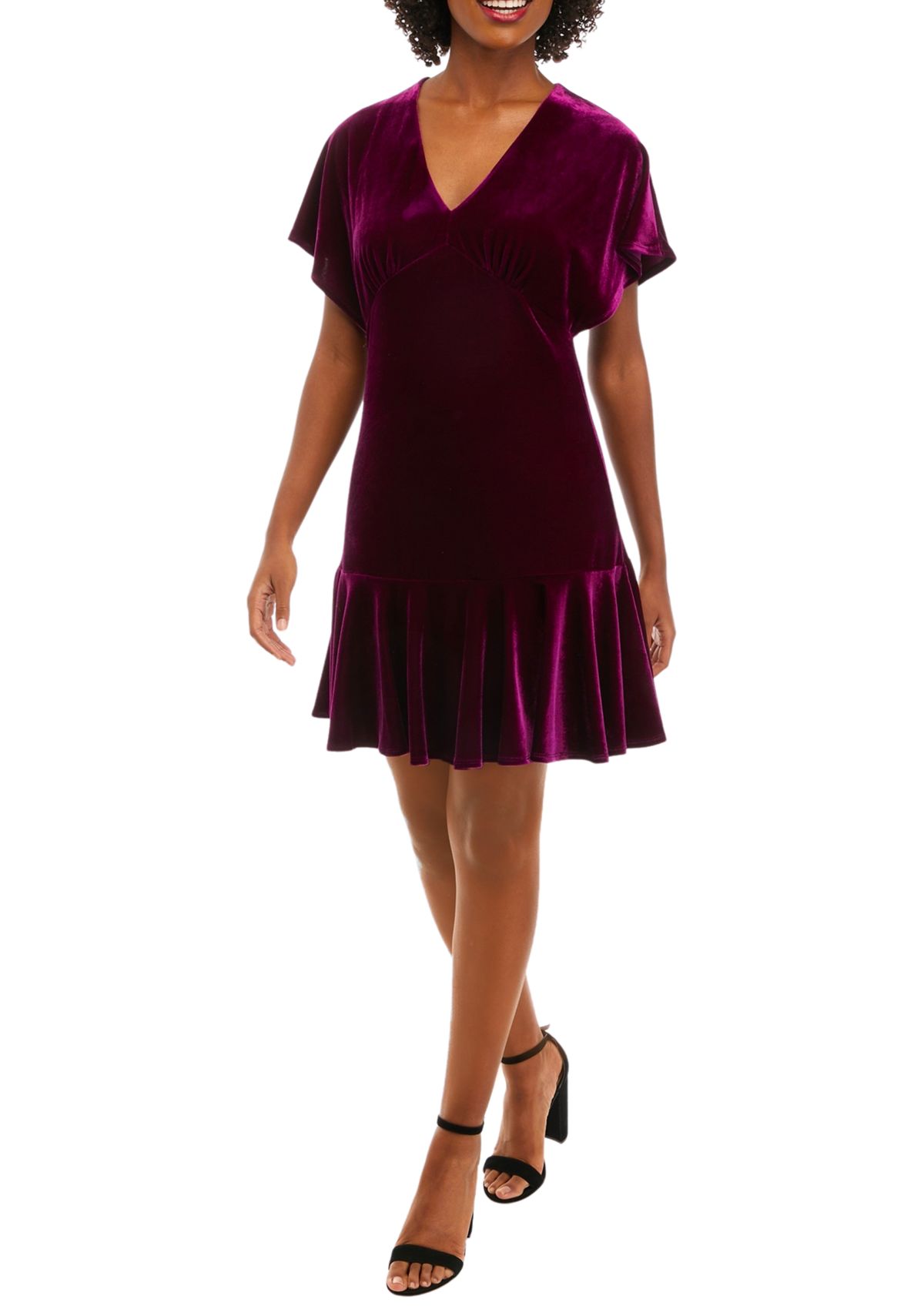 Womens Short Sleeve V-Neck Velvet Solid Fit and Flare Dress