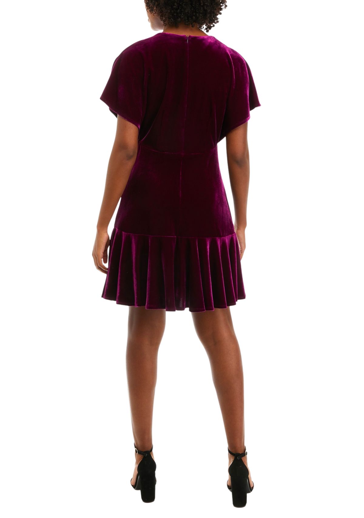 Womens Short Sleeve V-Neck Velvet Solid Fit and Flare Dress