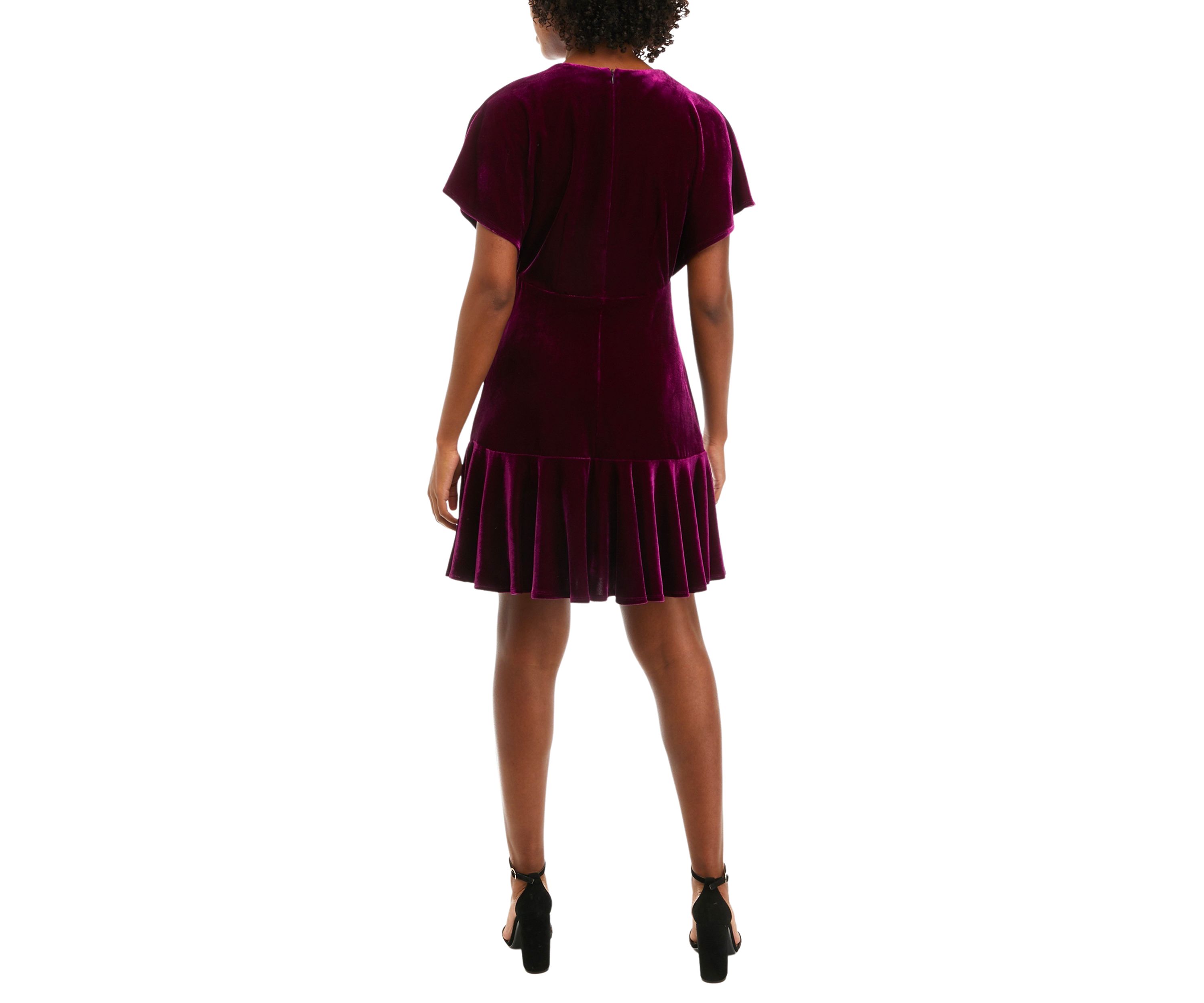 Womens Short Sleeve V-Neck Velvet Solid Fit and Flare Dress