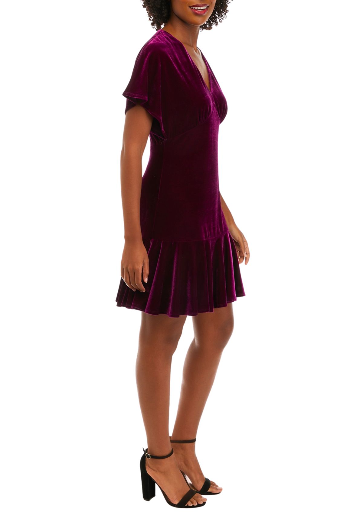 Womens Short Sleeve V-Neck Velvet Solid Fit and Flare Dress
