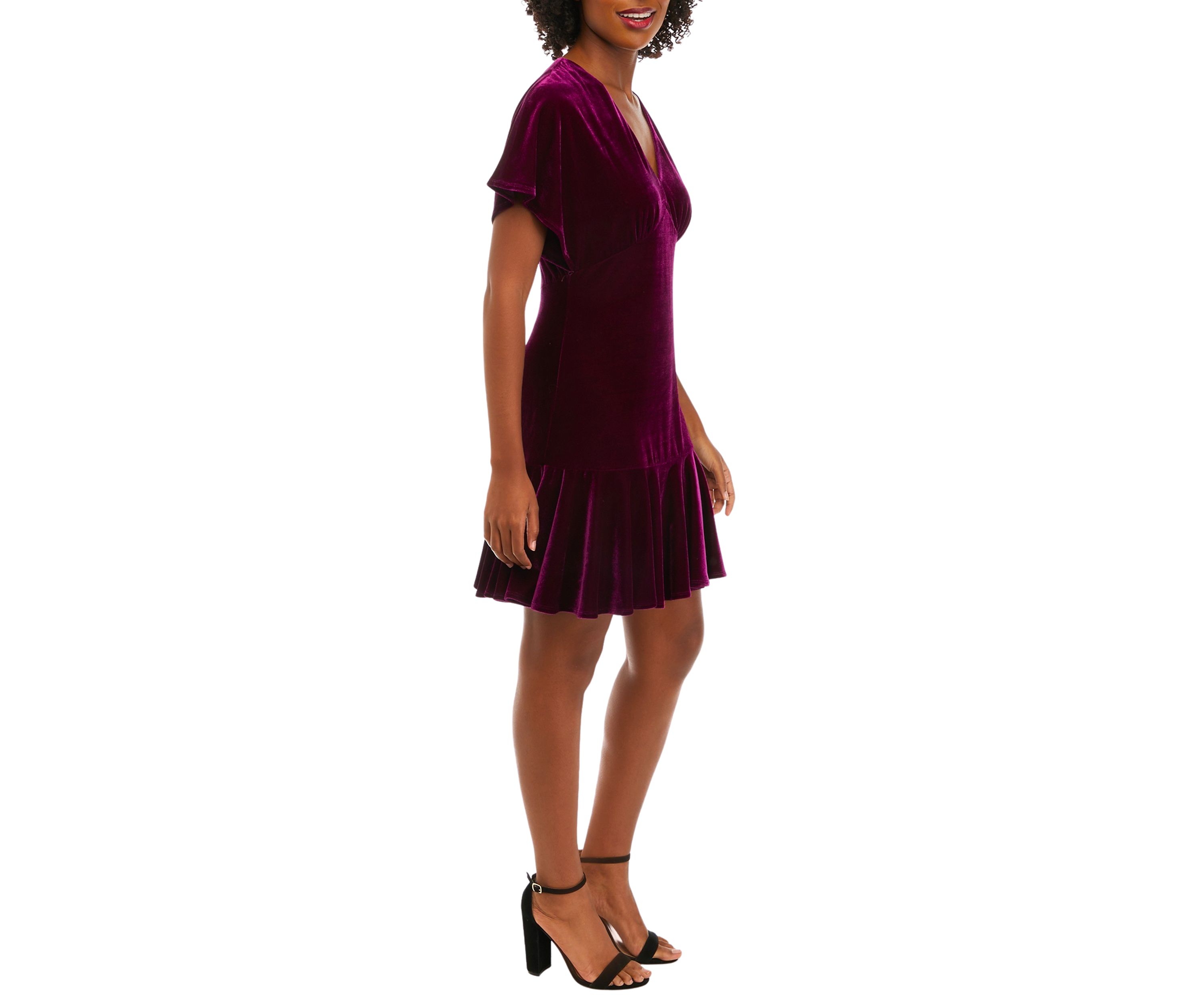 Womens Short Sleeve V-Neck Velvet Solid Fit and Flare Dress