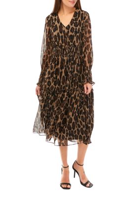 Women's Smocked Long Sleeve Animal Print Fit and Flare Dress