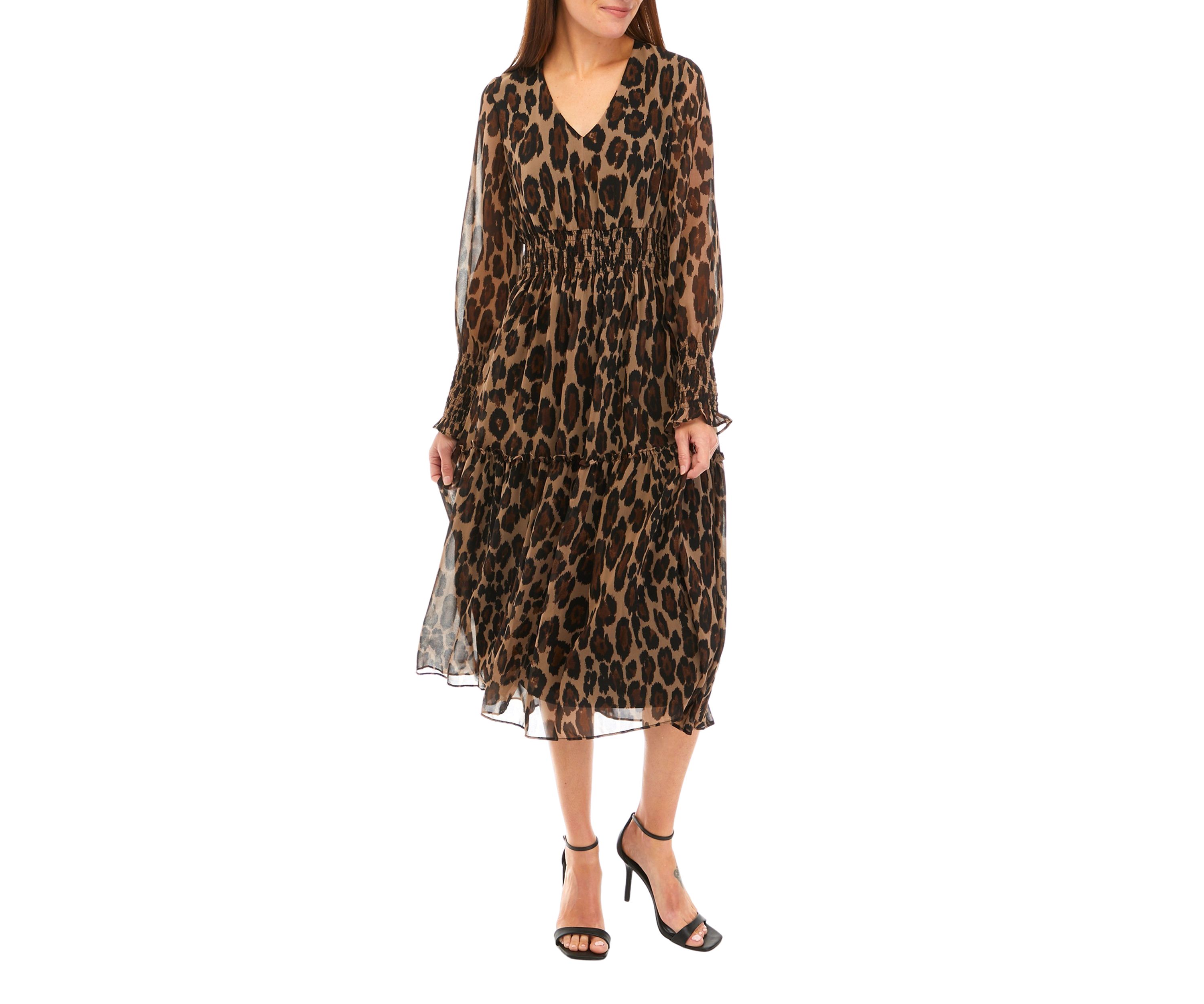 Womens Smocked Long Sleeve Animal Print Fit and Flare Dress