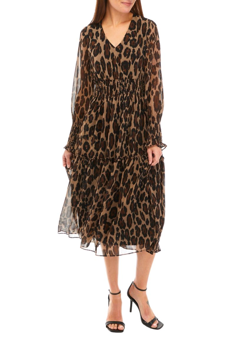 Womens Smocked Long Sleeve Animal Print Fit and Flare Dress
