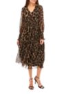 Womens Smocked Long Sleeve Animal Print Fit and Flare Dress