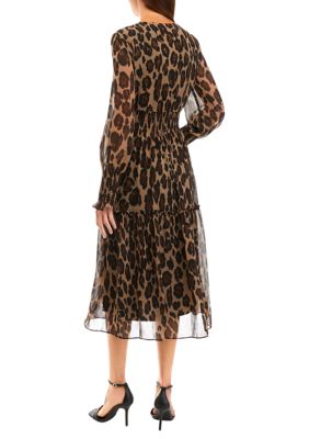 Women's Smocked Long Sleeve Animal Print Fit and Flare Dress