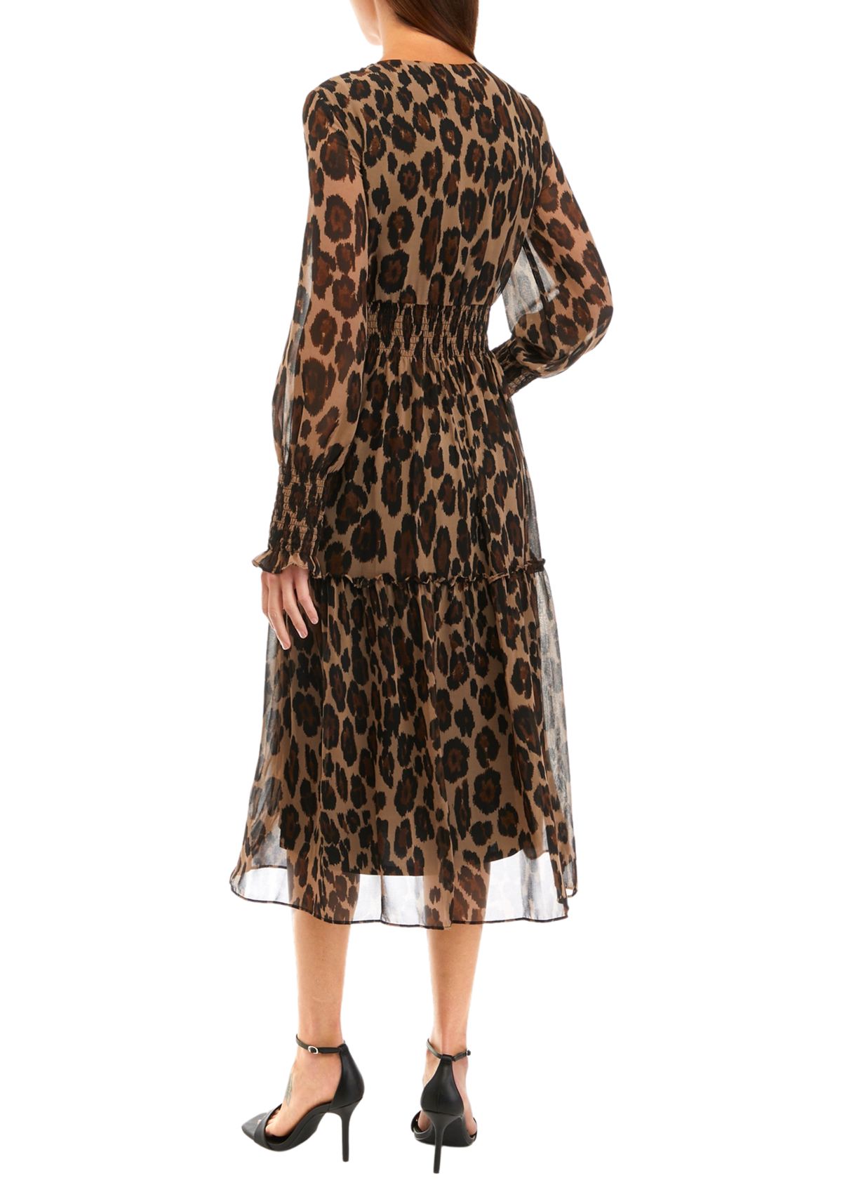 Womens Smocked Long Sleeve Animal Print Fit and Flare Dress