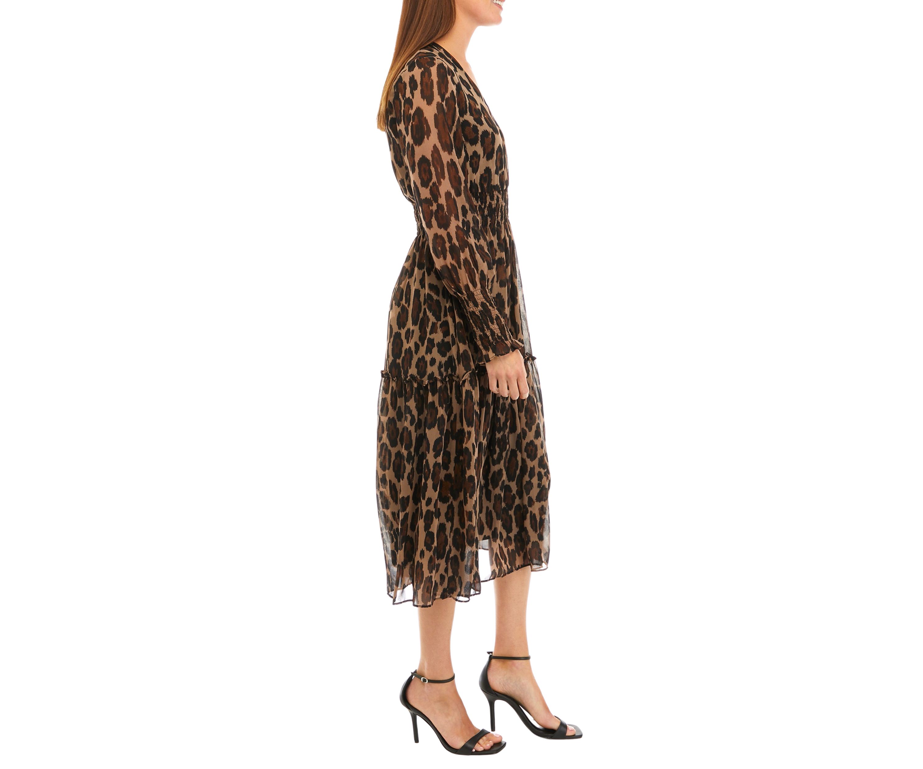 Womens Smocked Long Sleeve Animal Print Fit and Flare Dress