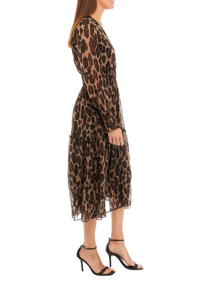 Womens Smocked Long Sleeve Animal Print Fit and Flare Dress