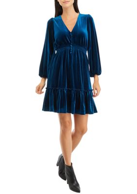 Women's Long Sleeve V-Neck Button Up Velvet Fit and Flare Dress