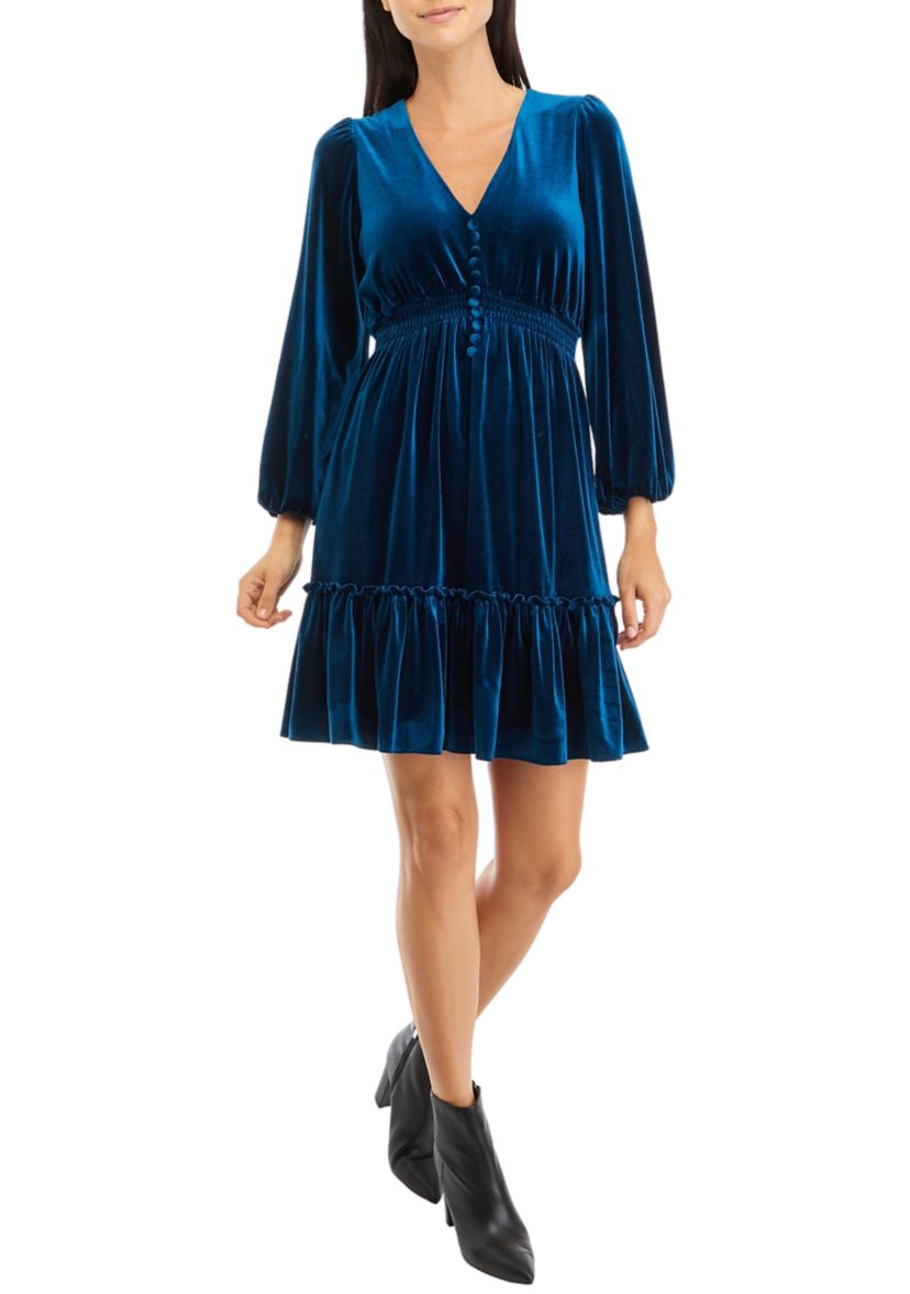 Womens Long Sleeve V-Neck Button Up Velvet Fit and Flare Dress