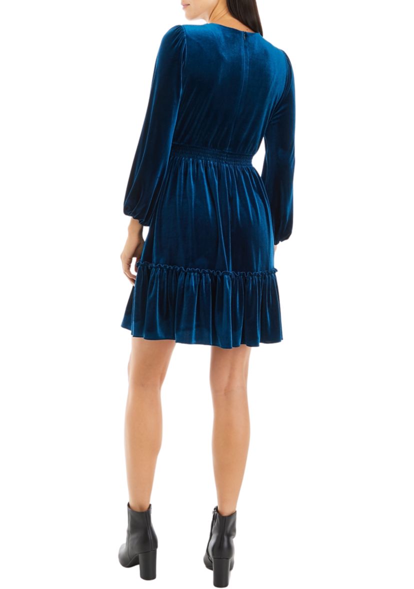 Womens Long Sleeve V-Neck Button Up Velvet Fit and Flare Dress