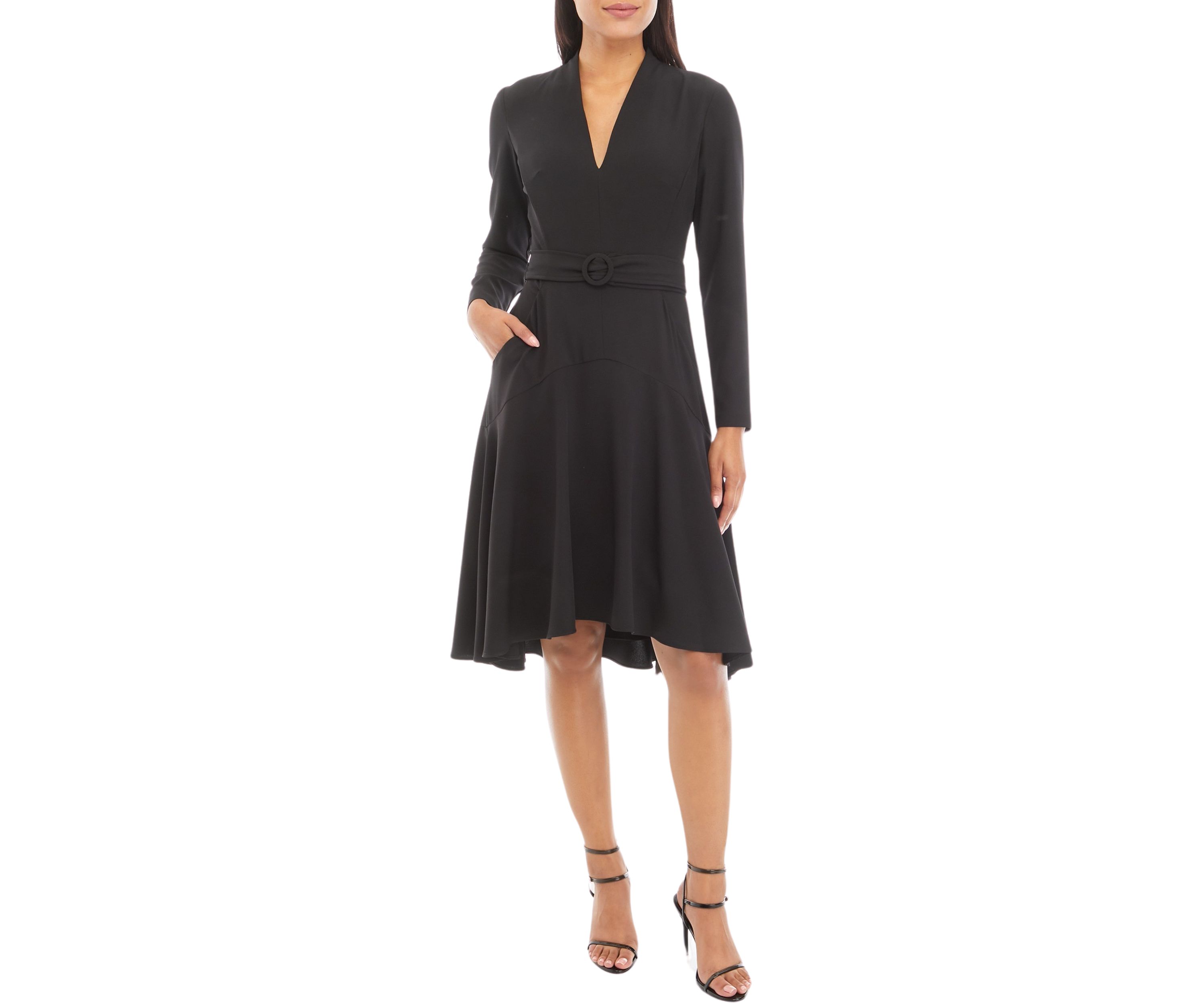 Womens V-Neck Pleated Fit and Flare Dress