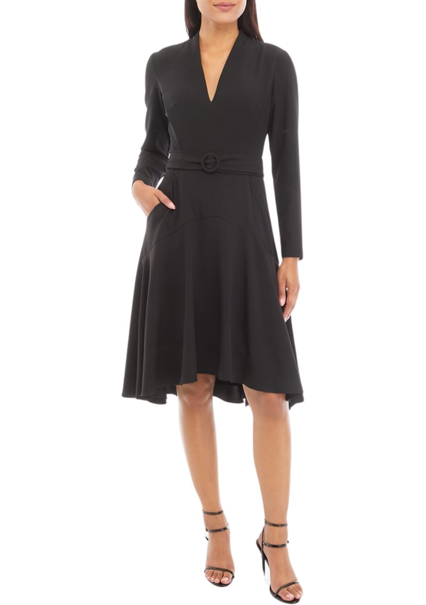 Womens V-Neck Pleated Fit and Flare Dress
