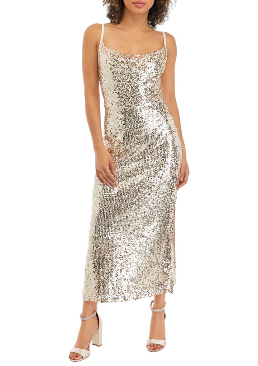 Womens Sleeveless Strappy Sequin Sheath Dress