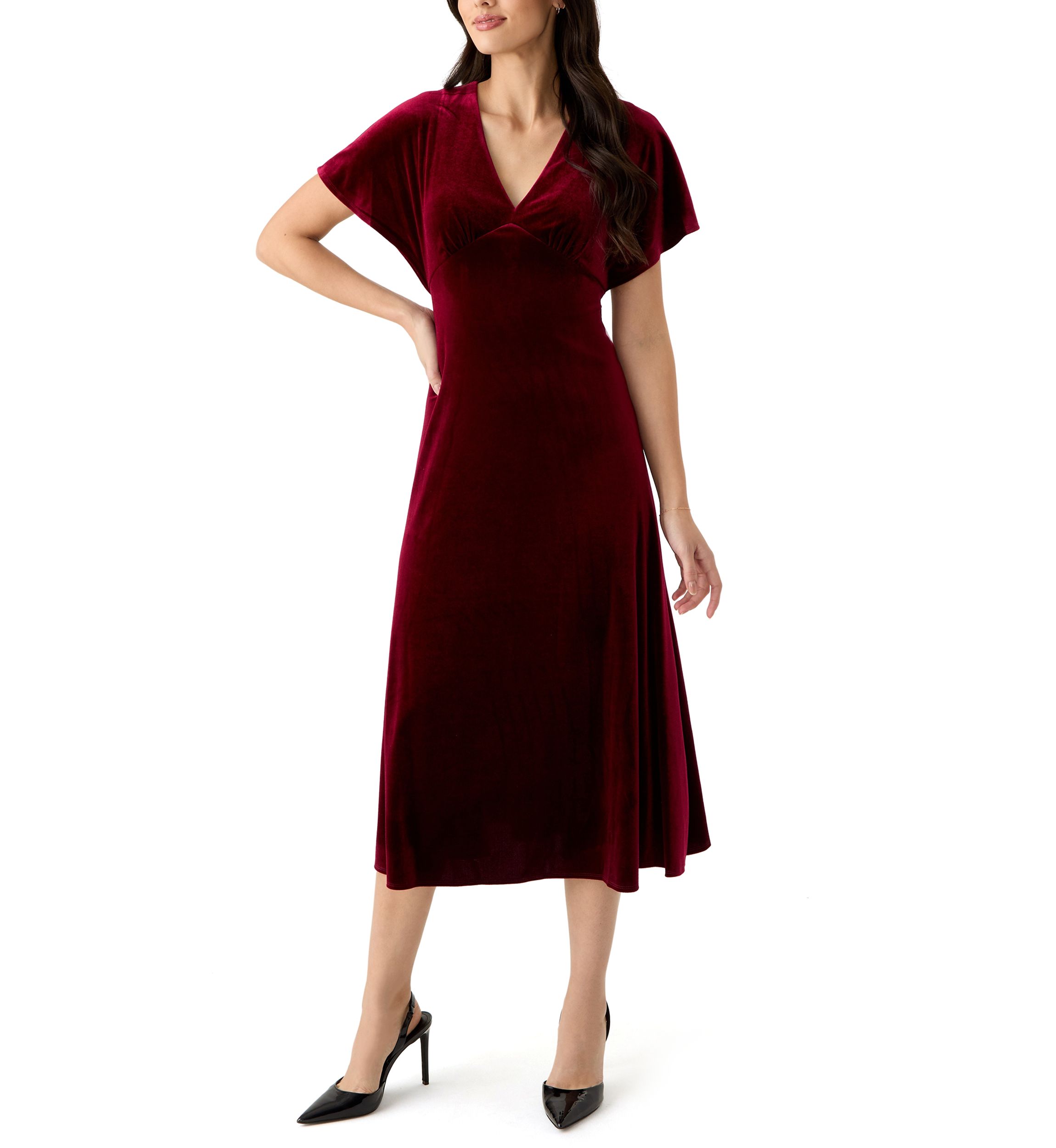 Womens Short Sleeve V-Neck Velvet Fit and Flare Dress