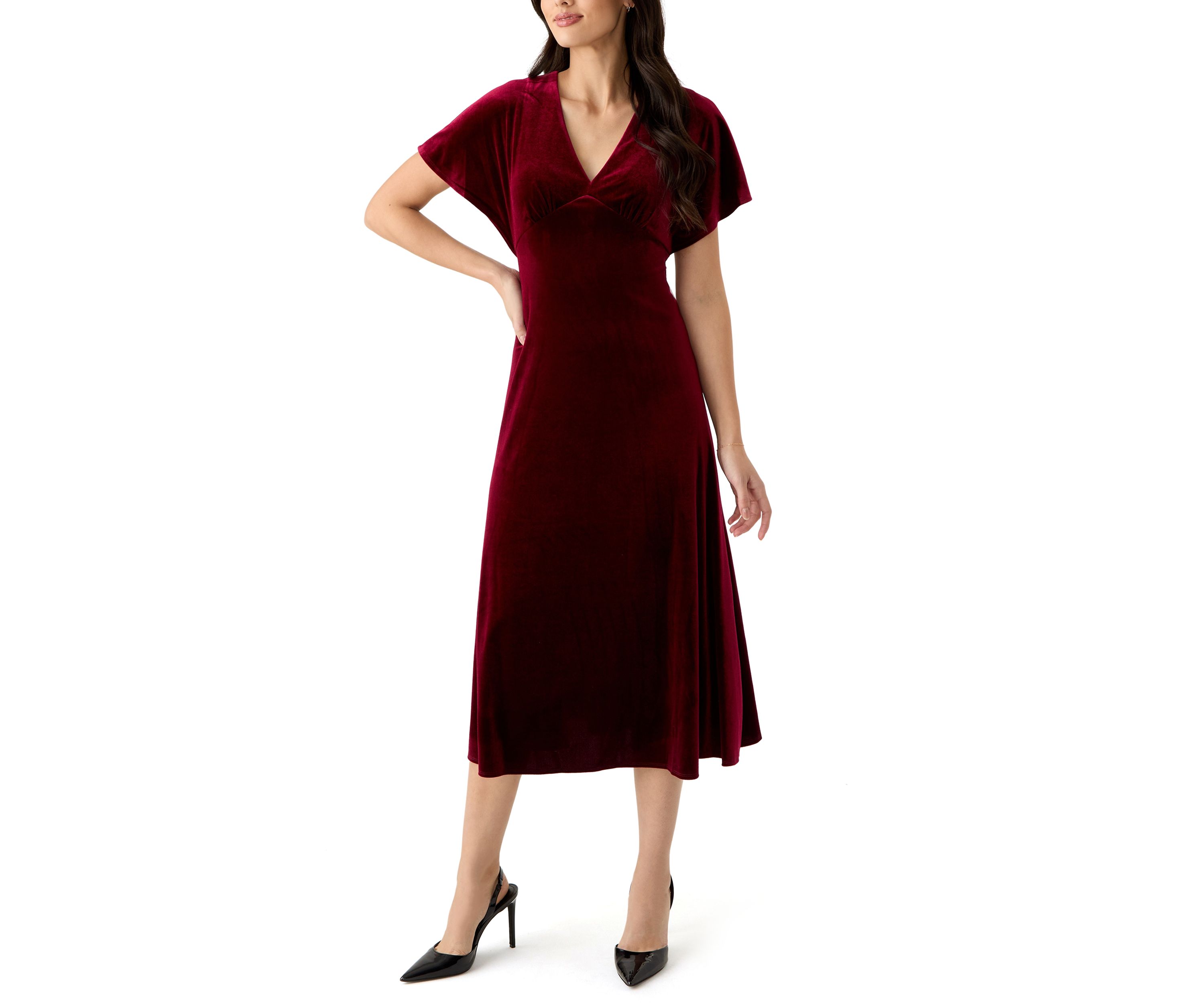 Womens Short Sleeve V-Neck Velvet Fit and Flare Dress
