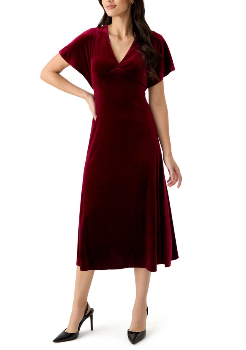 Womens Short Sleeve V-Neck Velvet Fit and Flare Dress