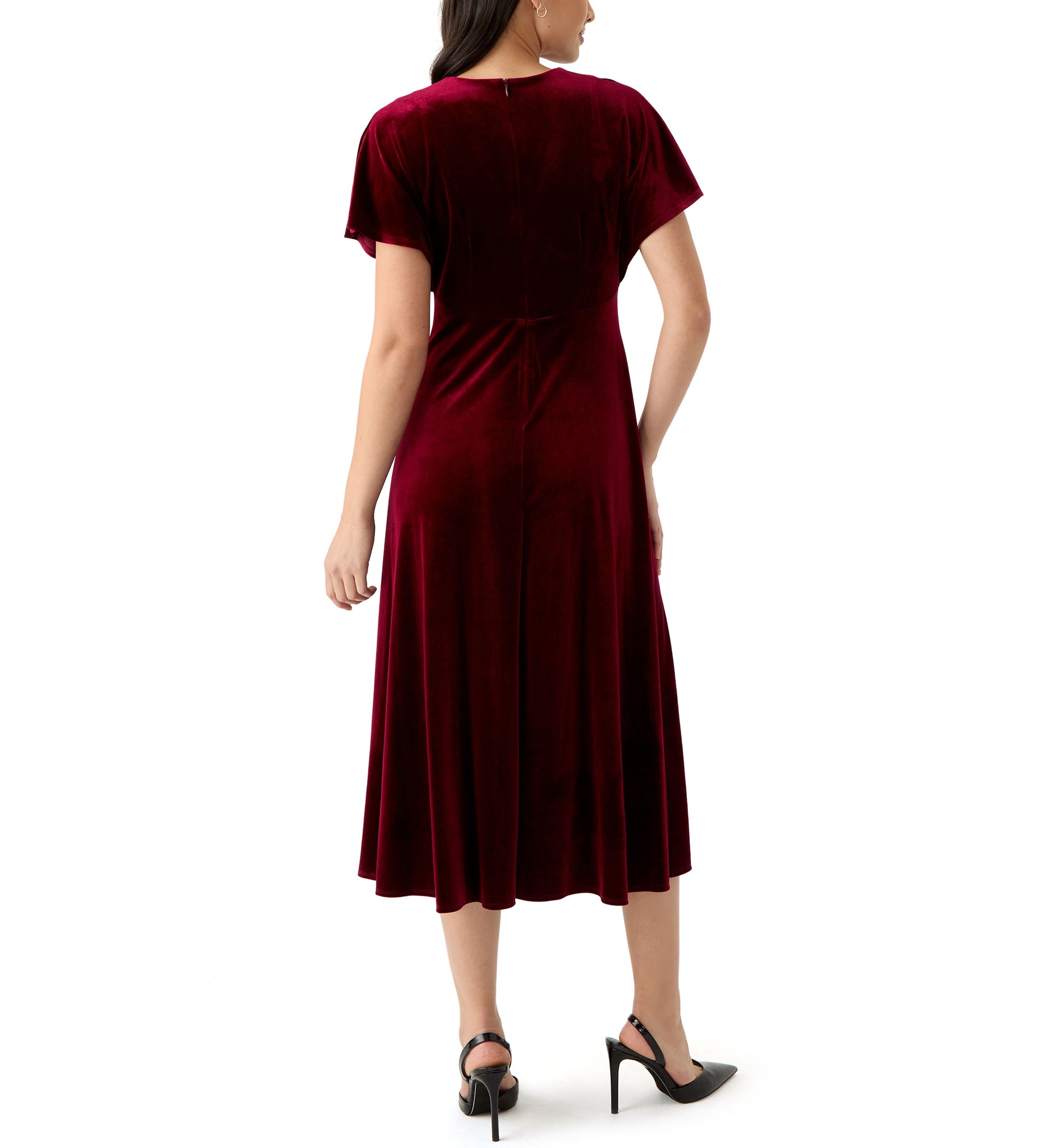 Womens Short Sleeve V-Neck Velvet Fit and Flare Dress