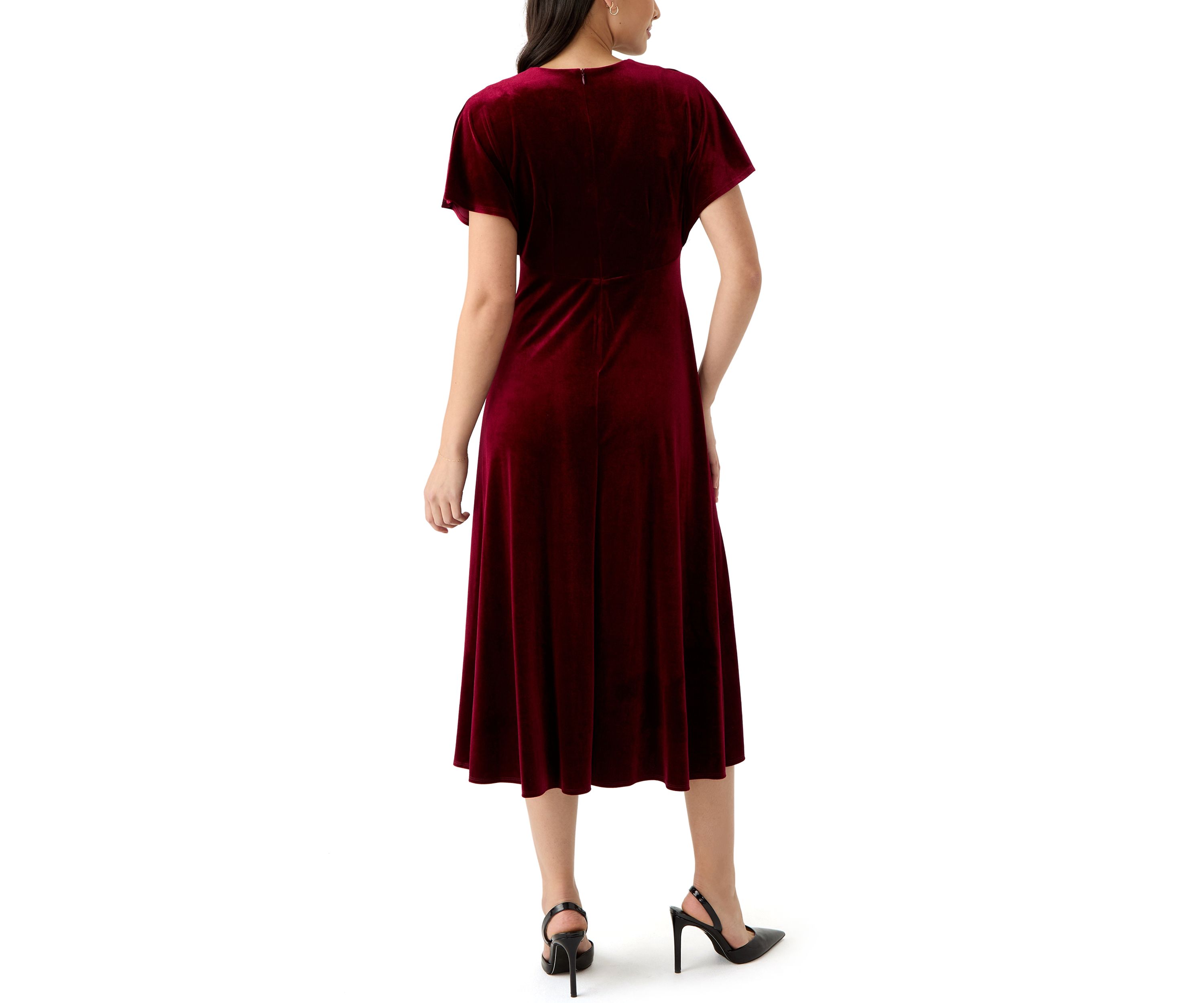 Womens Short Sleeve V-Neck Velvet Fit and Flare Dress