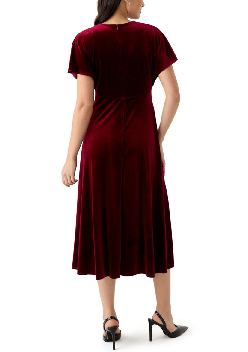 Womens Short Sleeve V-Neck Velvet Fit and Flare Dress