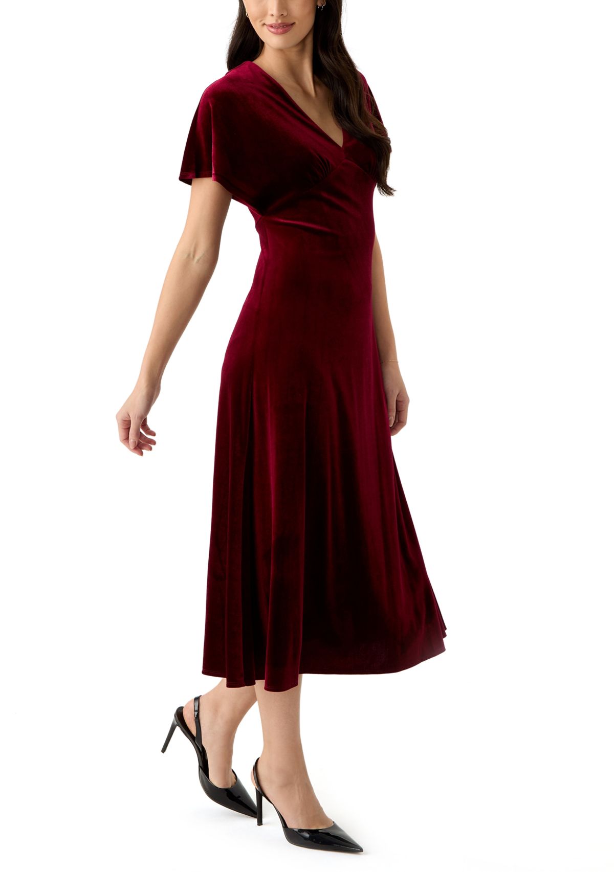 Womens Short Sleeve V-Neck Velvet Fit and Flare Dress