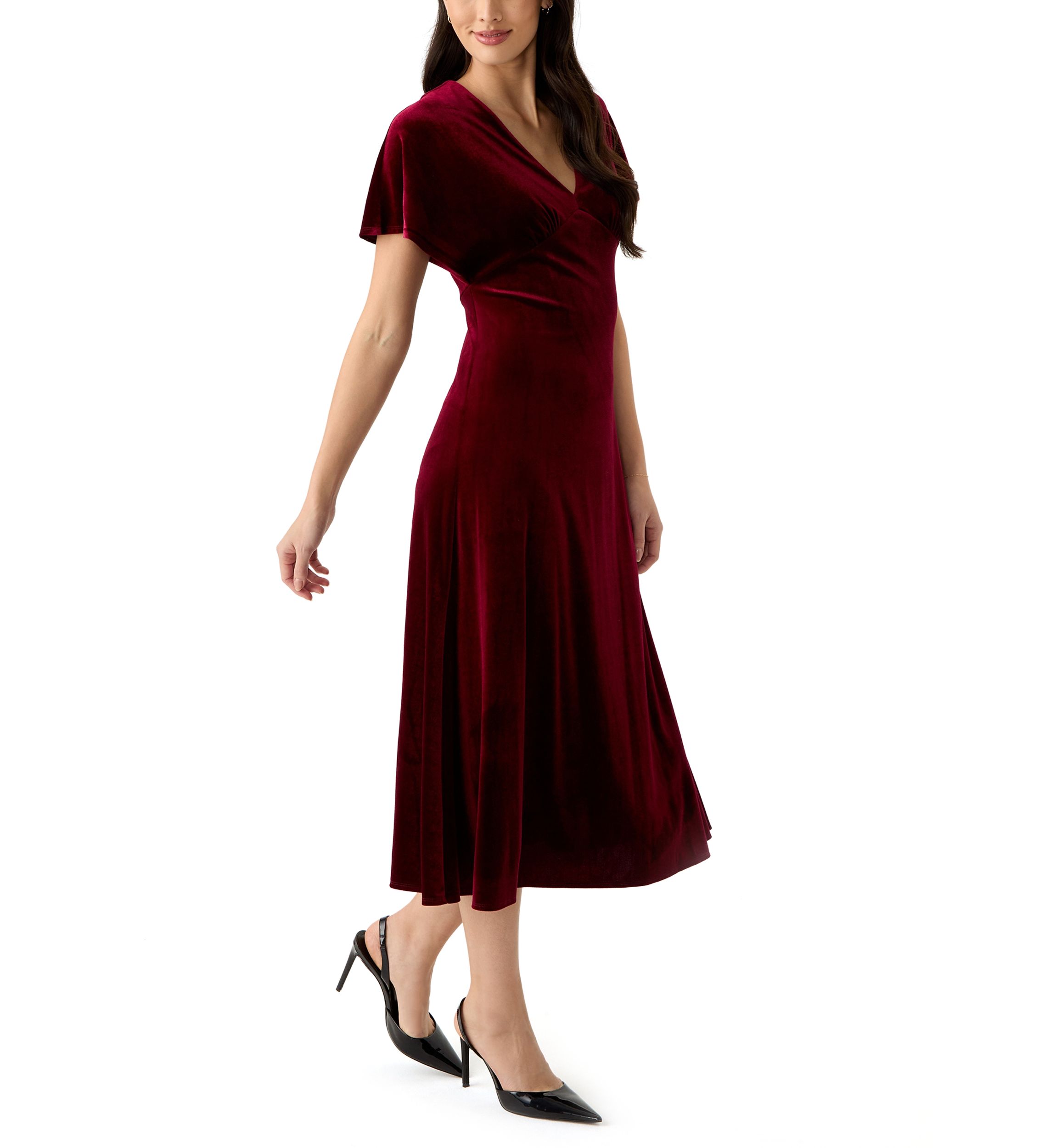 Womens Short Sleeve V-Neck Velvet Fit and Flare Dress
