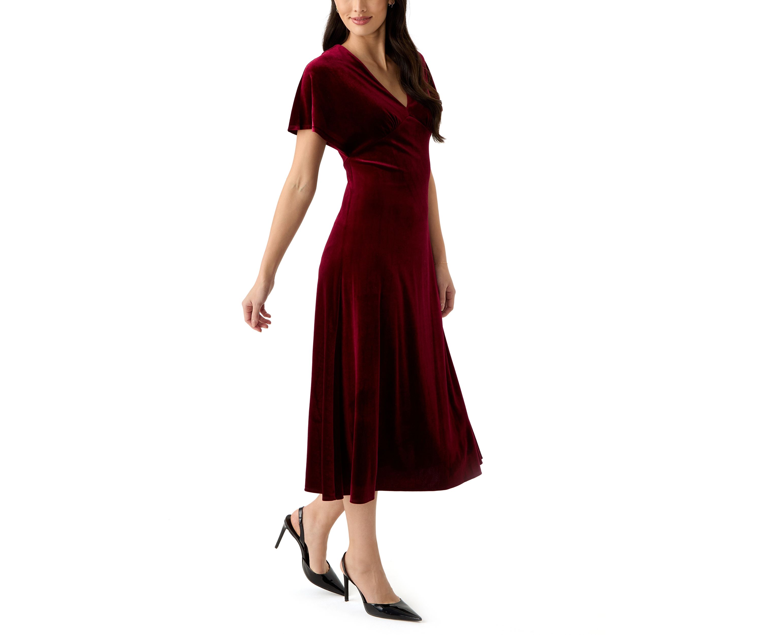 Womens Short Sleeve V-Neck Velvet Fit and Flare Dress